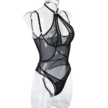 Seductive Black Mesh Bodysuit with Halter Neck and Shoulder Straps / Women's Sexy Outfits - EVE's SECRETS